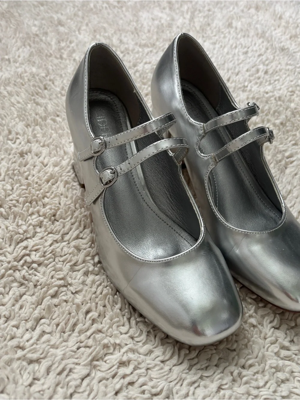 Cider Metallic Silver Double-Strap Mary Jane Block Heels